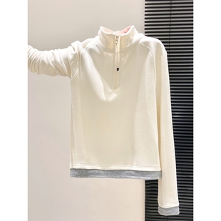 撞色半拉链立领休闲长袖T恤女秋冬季简约内搭德绒磨毛打底衫上衣