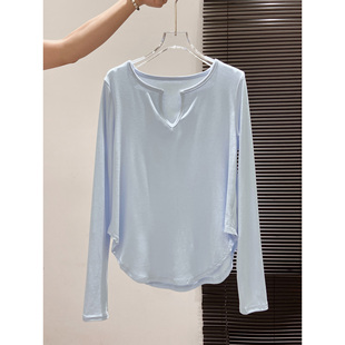夏季薄款V领设计显锁骨长袖宽松简约防晒正肩长袖T恤别致时尚上衣