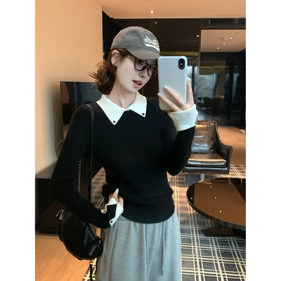 韩系chic穿搭撞色polo领针织衫