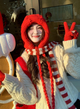 巴拉克拉法帽小红帽女秋冬针织毛线系带护耳帽保暖圣诞节红色帽子