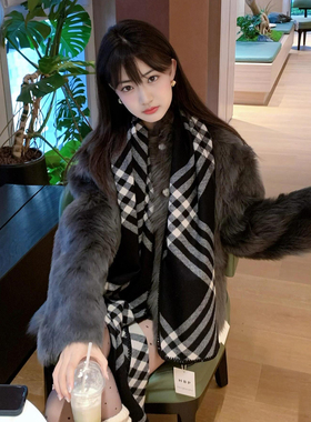 黑白格子时尚条纹围巾女款2025新款冬披肩外搭女脖套系脖高级感潮