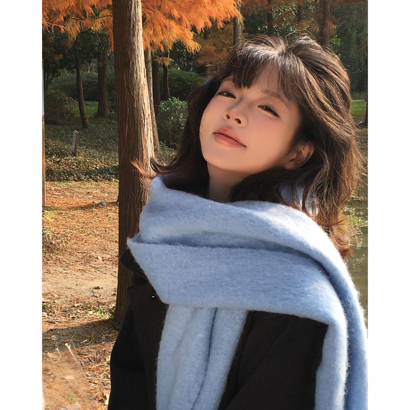 雾霾蓝围巾女冬季氛围感加厚保暖围巾/丝巾/披肩