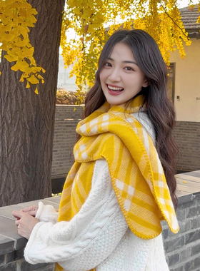 黄色围脖出行拍照条纹格纹围巾女款2025新款冬加厚保暖韩版氛围感