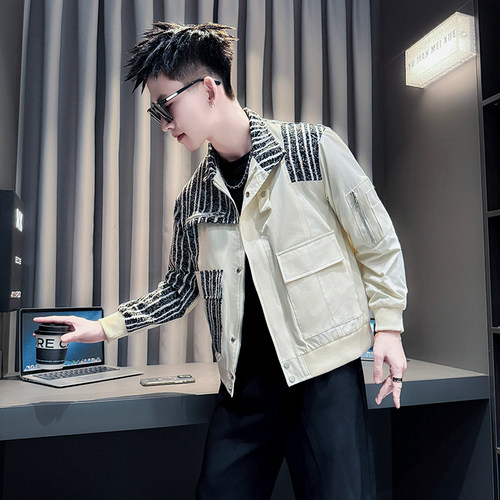 小码男士潮牌拼接短款外套矮个子韩版潮流上衣XS码S号休闲夹克160