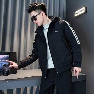 条纹棉衣加厚外套男款小码冬季男生衣服XS修身矮个子连帽棉服155