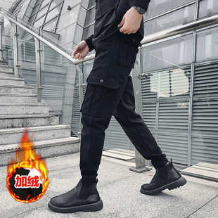 秋冬小码加绒休闲裤男矮个子26号27码修身小脚束脚裤加厚工装裤子