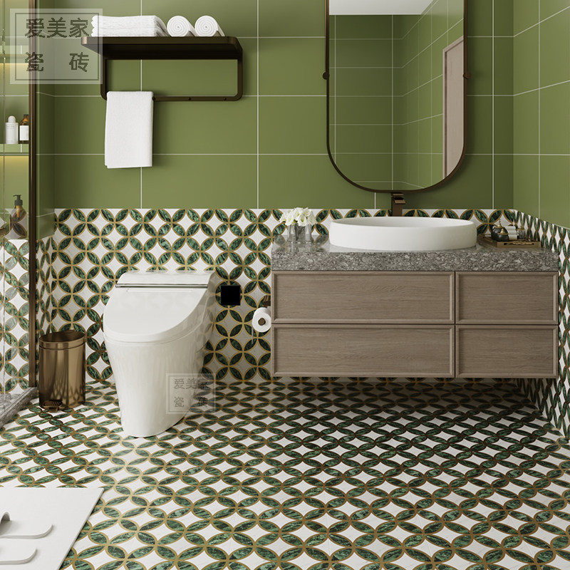 摩洛哥墨绿色法式鎏金复古花砖300卫生间橄榄绿墙砖阳台厨房地砖