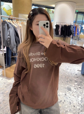 重工洗水喷马骝做旧磨洞 自然烟灰旧印花脏脏长袖T恤男女卫衣开衫