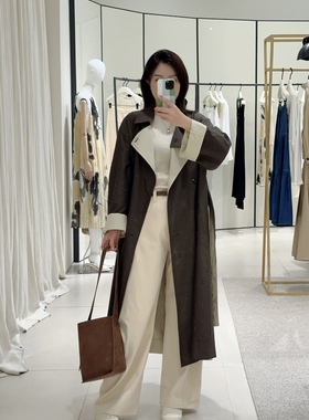 高圆圆真丝混纺翻领廓形长风衣外套ed25新早秋英伦风撞色薄大衣女