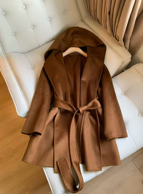 福利！羊绒混纺水波纹连帽羊绒大衣 中长款腰带款毛呢大衣外套
