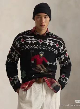 冬季运动滑雪图案 节日氛围感撞色雪花圆领羊毛衫毛衣情侣装
