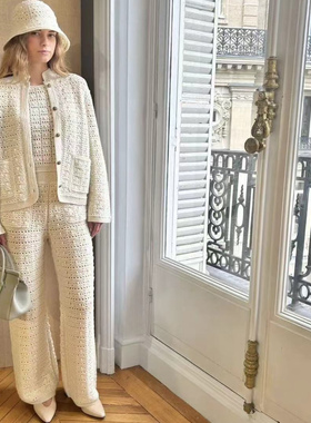 出游日常25早秋新款100%羊毛镂空针织立领中式开衫毛织直筒长裤