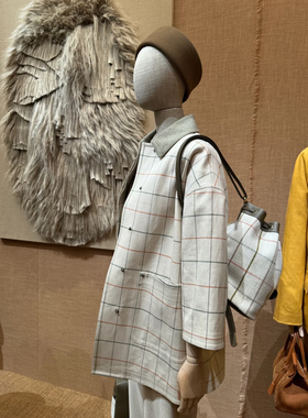 Lp格子亚麻老钱风细格纹无缝密封条压胶防风中长风衣外套