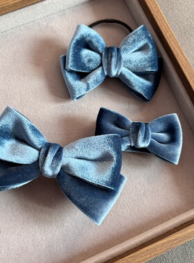 原创秋冬新款丝绒酒孔蓝色过年女童蝴蝶结头绳儿童