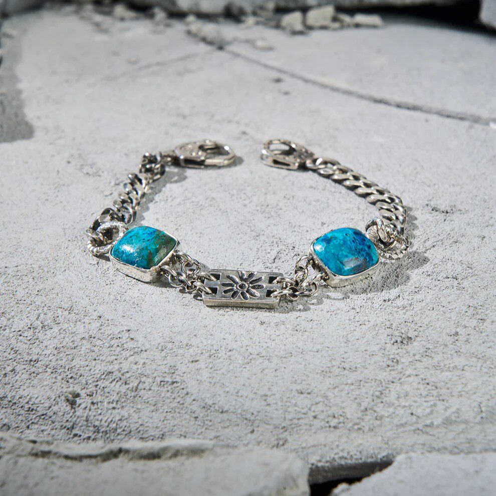 天然正品复古风设计感复古925银绿松石手链女链条式镶嵌宝石银饰