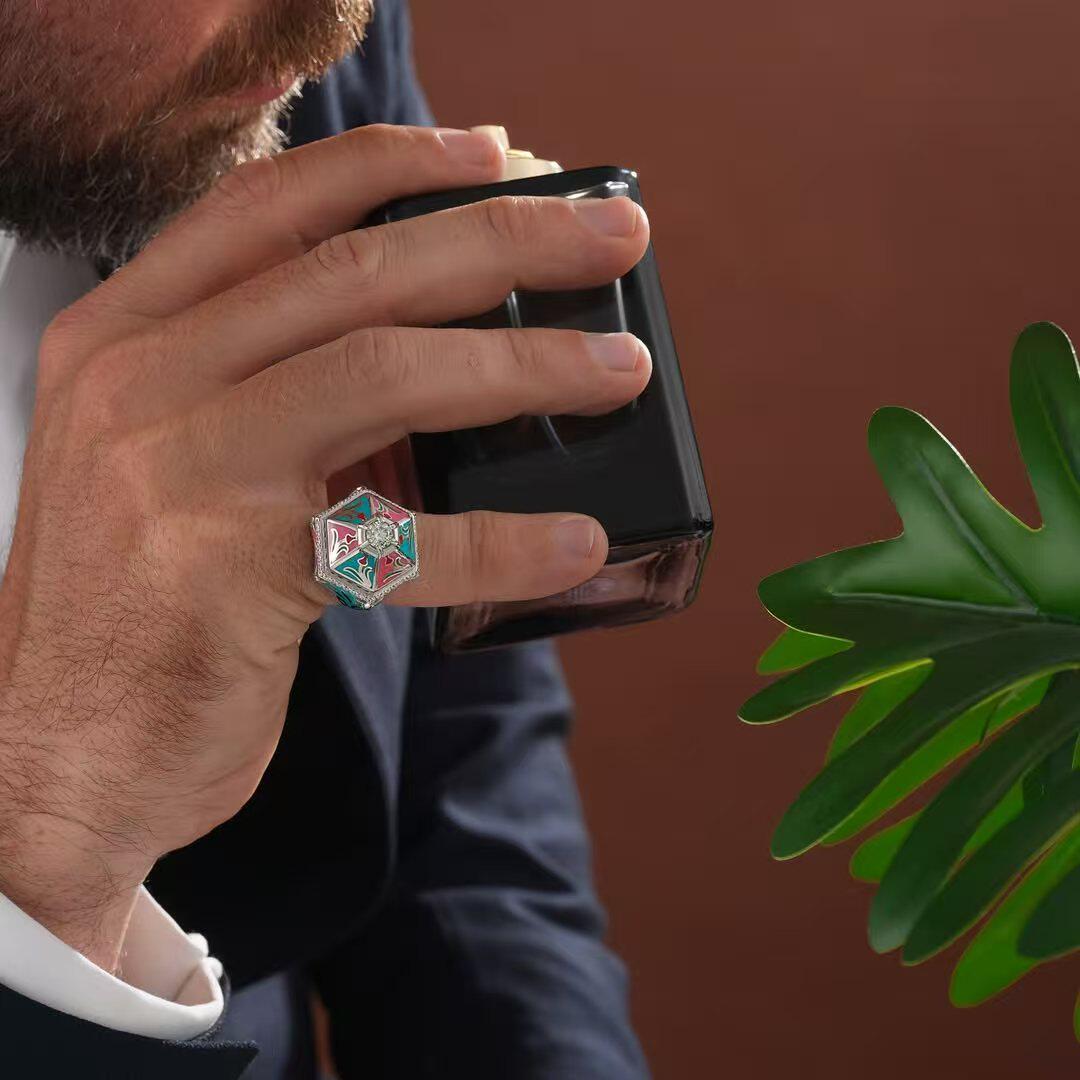 可调节圆形复古925银戒指男士轻奢彩色宝石镶嵌时尚戒指礼盒装
