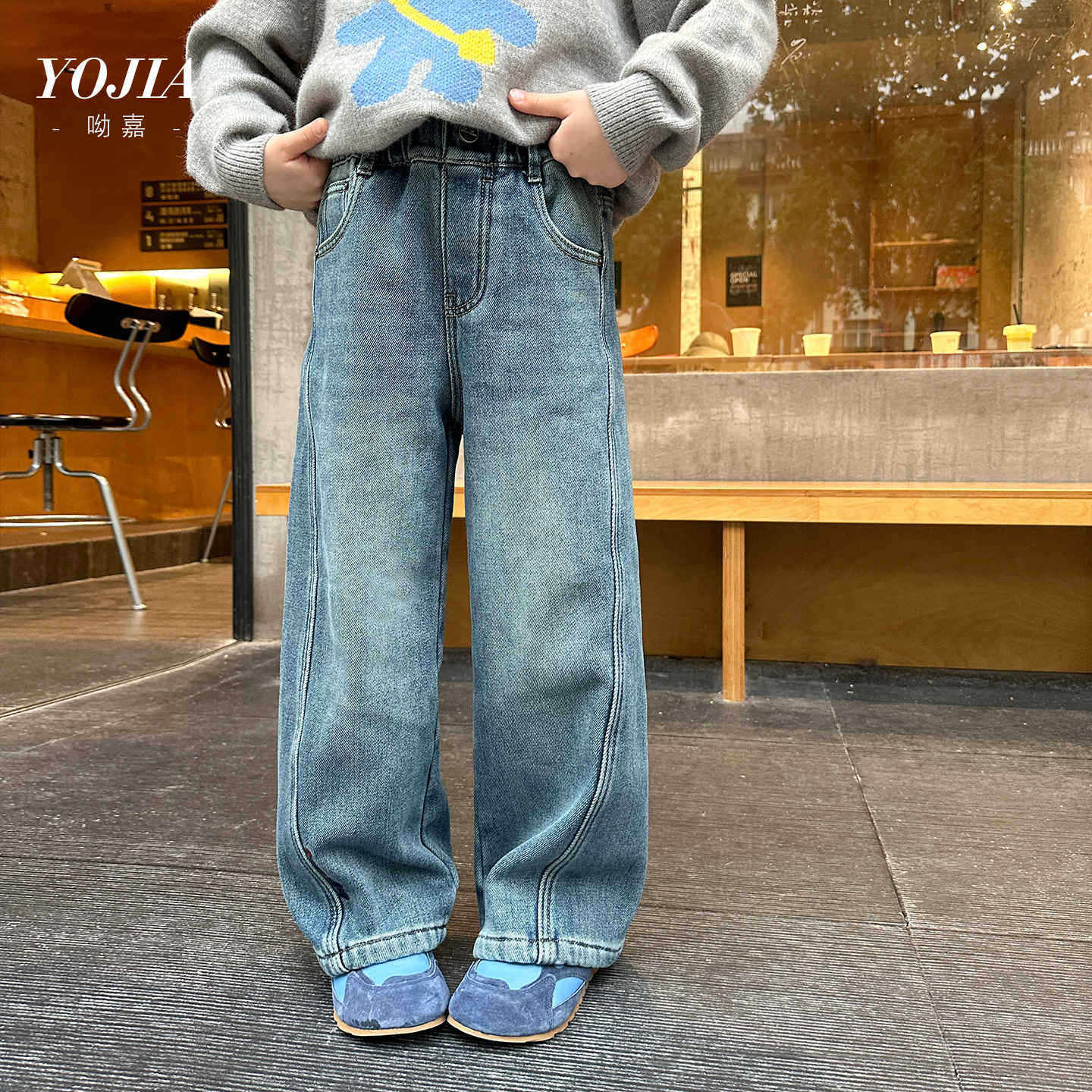 大女孩加绒牛仔裤冬韩版宽松女童直筒裤加厚儿童裤子蓝色110~170