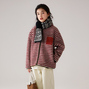 女童撞色条纹外套冬装新款女孩加厚摇粒绒立领洋气拉链上衣红棕色