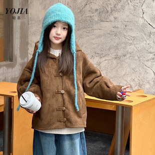 女孩复古棉外套25新款洋气女童连帽上衣加绒加厚上衣咖色110~170
