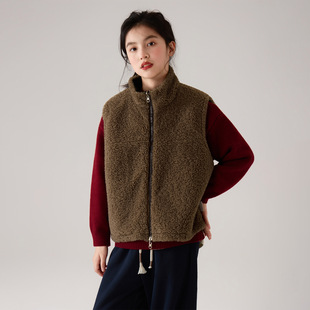 女孩双面穿马甲冬新款女童加厚保暖洋气无袖背心坎肩外套潮棕咖色