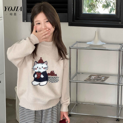 小女孩毛线衣卡通小猫提花米色