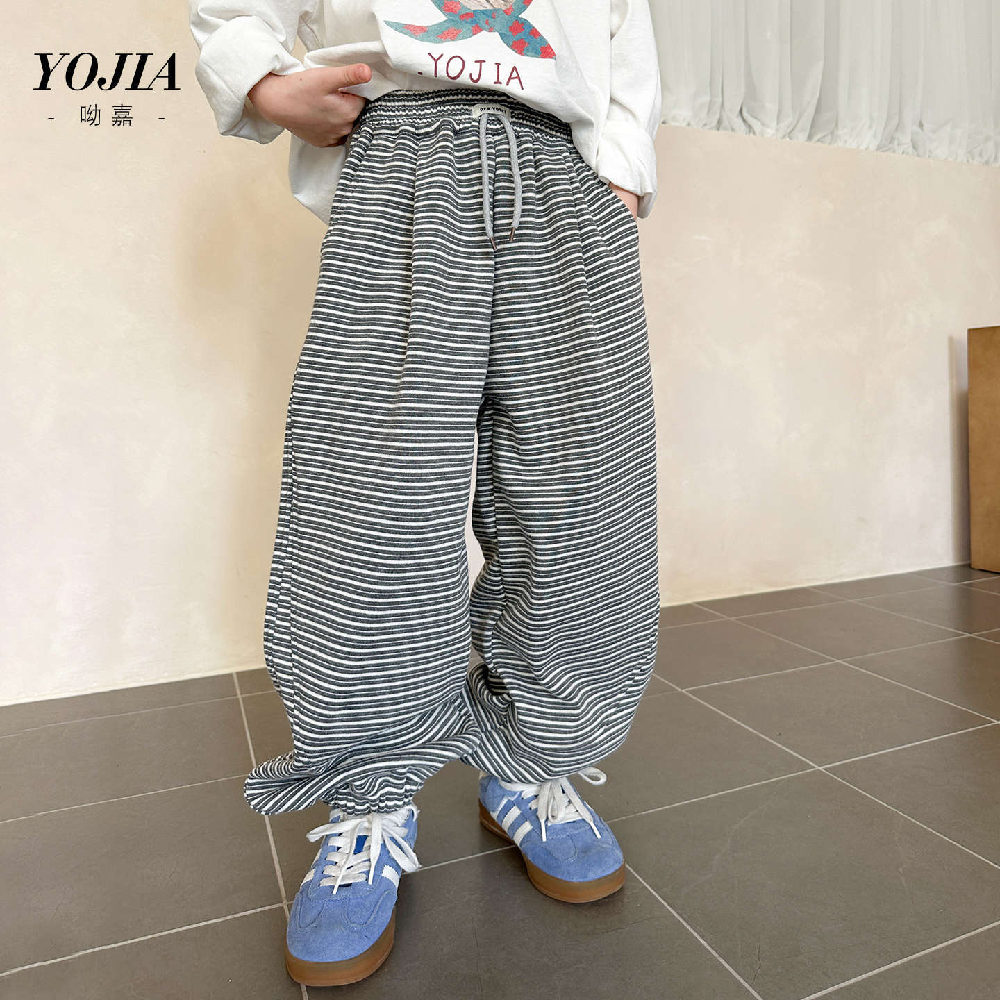 女童条纹运动裤冬季加绒加厚