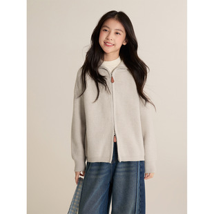 大女孩双头拉链针织外套秋冬新款中大女童松洋气毛衣高领米色黑灰