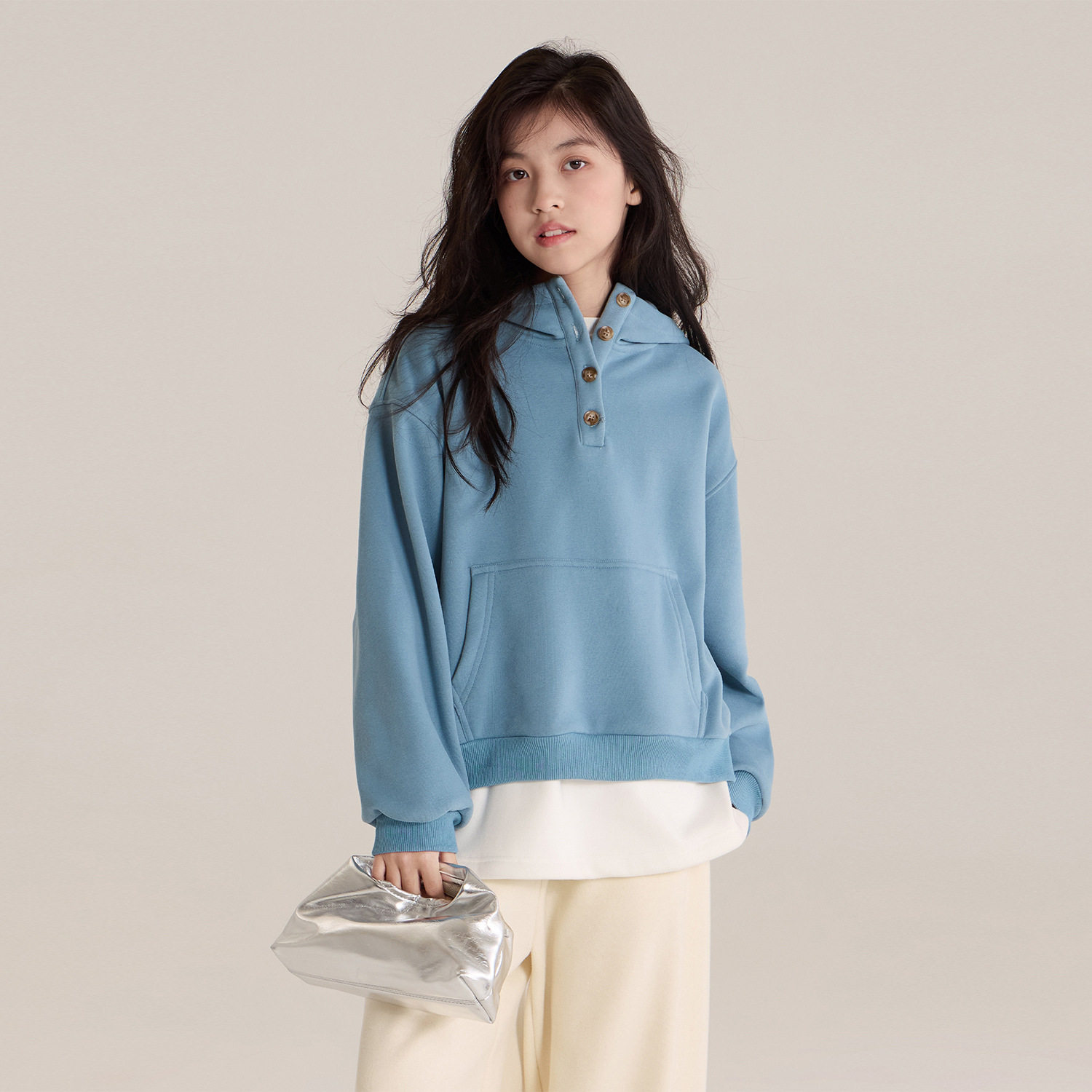 女孩加绒连帽卫衣冬新款女童韩系宽松后背印花洋气上衣帽衫蓝色灰