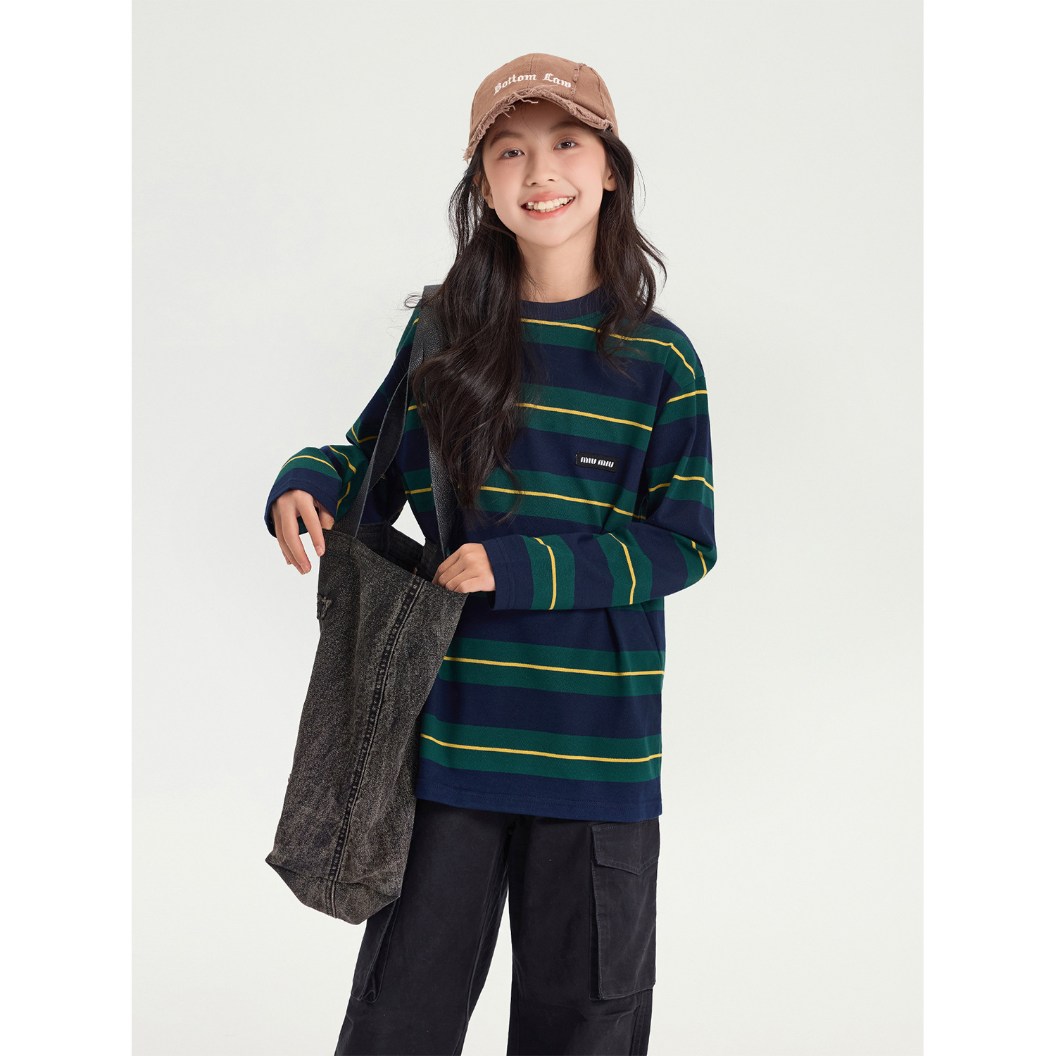 女童撞色条纹长袖t恤25秋装新款女孩韩版慵懒风圆领打底衫蓝绿色