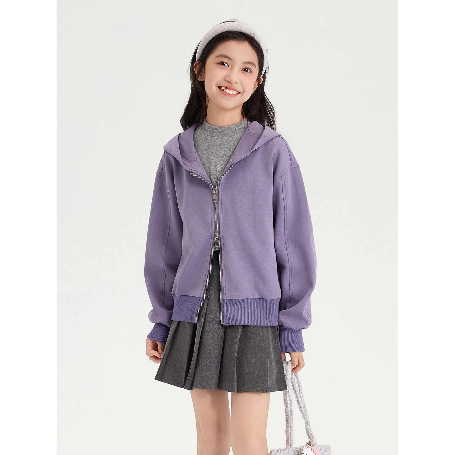 女童短款卫衣外套2025秋装新款儿童双拉链连帽开衫洋气紫色米灰色