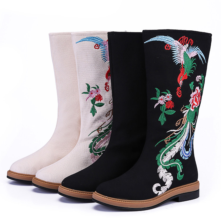 AUTUMN AND WINTER MODELS NATIONAL WIND BOOTS EMBROIDERED HIGH BOOTS OLD BEIJING CLOTH SHOES WOMENS SHOES CLOTH BOOTS SINGLE BOOTS BEEF TENDON BOTTOM COTTON BOOTS