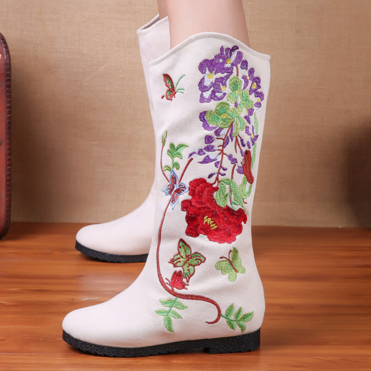 AUTUMN AND WINTER MODELS NATIONAL WIND BOOTS EMBROIDERED HIGH BOOTS OLD BEIJING CLOTH SHOES WOMENS SHOES CLOTH BOOTS SINGLE BOOTS BEEF TENDON BOTTOM COTTON BOOTS