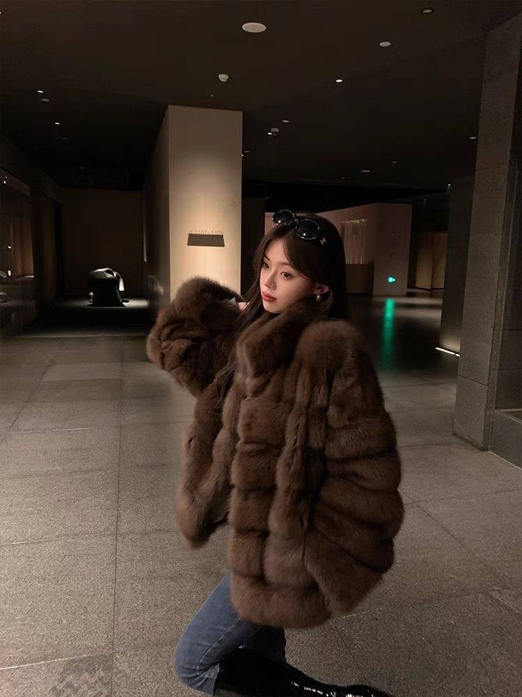 浪漫晚宴轻奢紫貂仿皮草外套女横排立领仿水貂大衣毛毛外套
