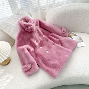 2023秋冬新款女童毛毛大衣儿童皮草外套仿水貂皮毛一体中长款大衣