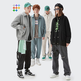 秋季经典帅气时尚潮流加绒纯色宽松教练夹克男外套男士情侣款