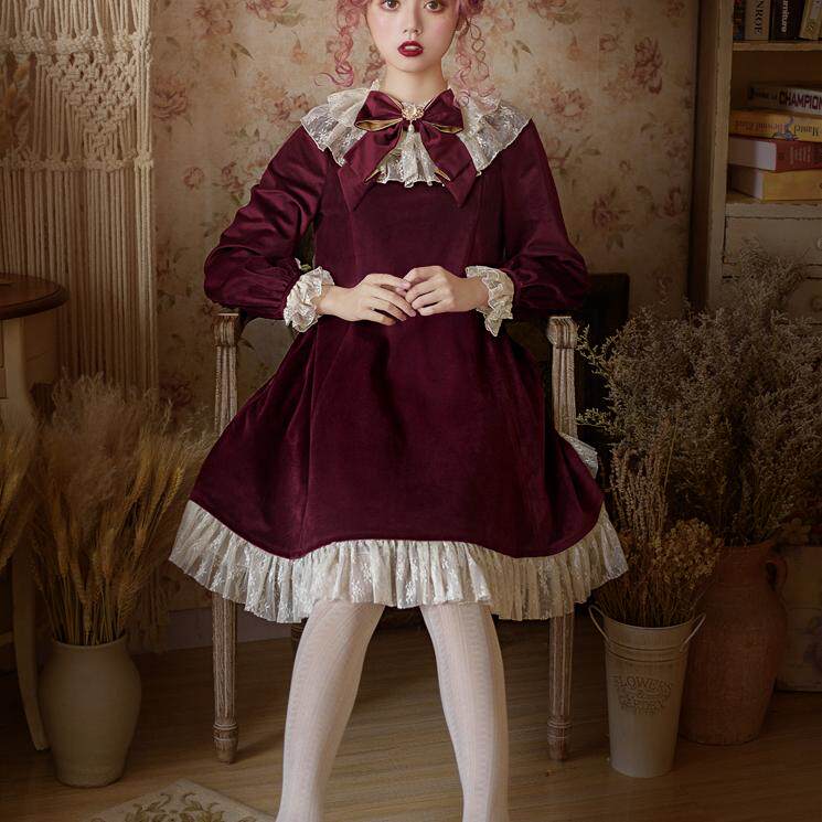 安娜贝尔||秋季高定蕾丝丝绒OP天鹅绒长袖连衣裙蝴蝶结小礼服