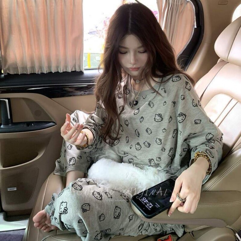 新款kt猫纯棉睡衣女春秋款长袖套装休闲宽松可爱学生少女士家居服