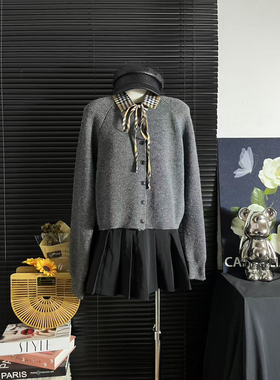 ueelook 榛果卡其灰 经典格子领可拆卸毛衣开衫