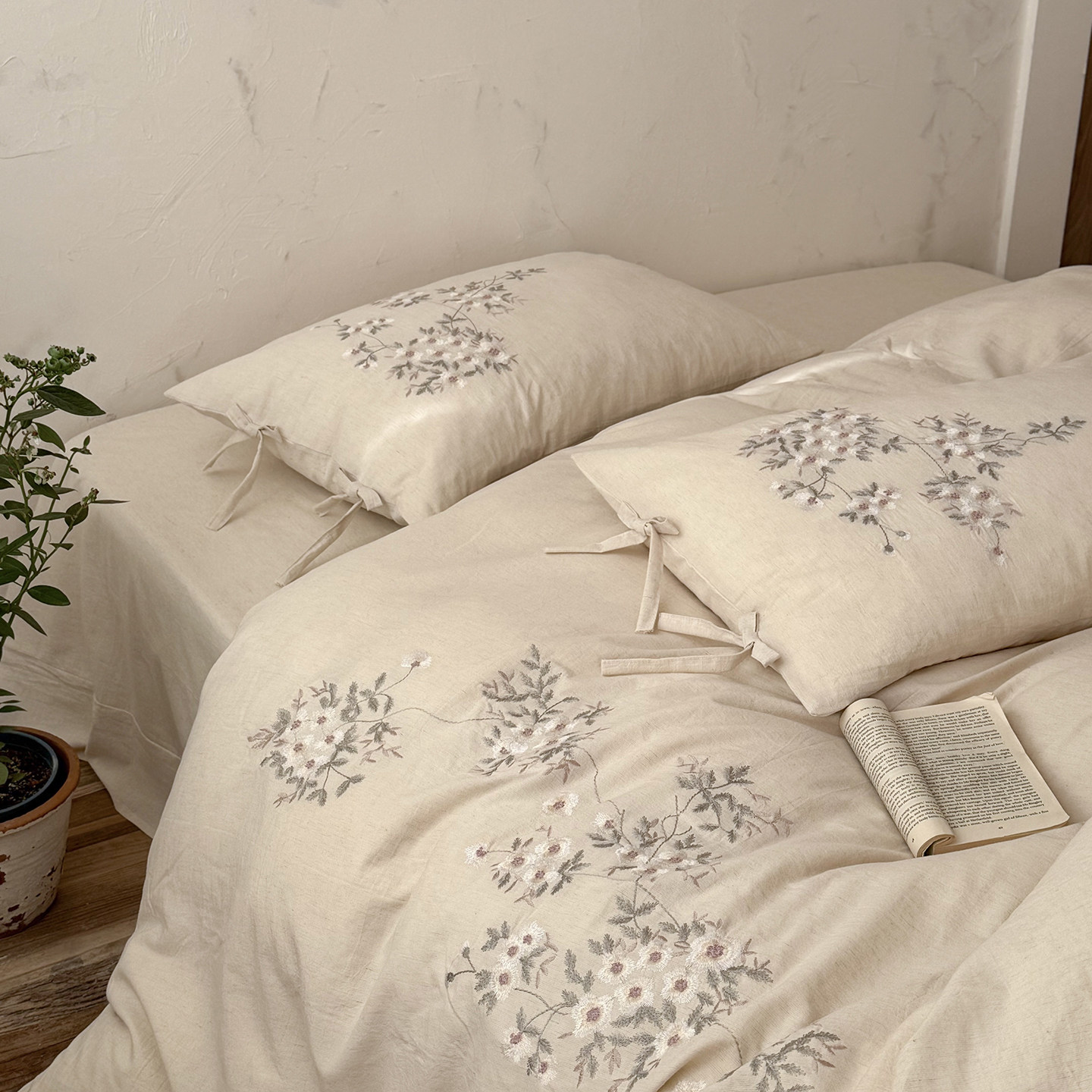 全棉棉麻新中式复古风床单式四件套重工刺绣亚麻被套床上用品高端