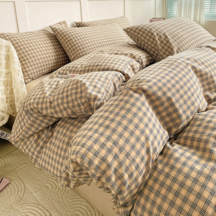 A类纯棉水洗棉格子被套单件全棉简约180x200被罩三四件套定做定制