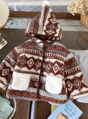 女童加绒毛毛冬季新款洋气时髦连帽开衫外套