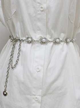 珍珠连衣裙腰带女高级感白色配裙子百搭甜美装饰细腰链收腰配饰潮