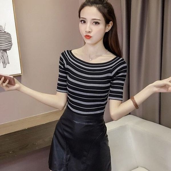 短袖T恤女2025新款夏装韩版百搭修身打底上衣黑白条纹冰丝针织衫