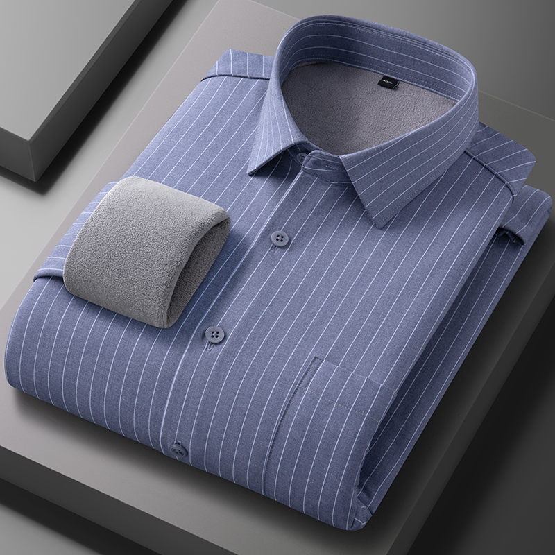 冬季加绒加厚保暖衬衫抗皱条纹长袖衬衣中老年男式休闲打底上衣男