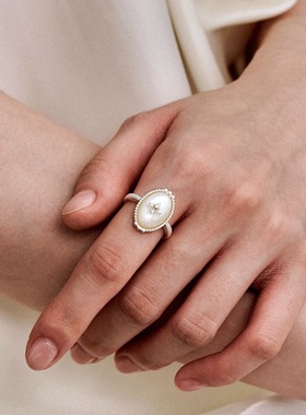 MOIAUSSI 圆纹珍珠戒指 法式复古原创设计师高级感女白贝母s925银