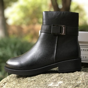 大虎厂女平跟绒皮鞋黑色皮鞋冬季加绒加毛保暖头层牛皮高帮防滑