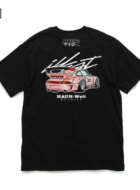 汽车改装文化PinkPig保时捷粉红猪男女同款情侣短袖衫重磅纯棉T恤