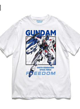 夏季新款 自由高达短袖 经典动漫周边印花男女圆领重磅纯棉T恤衫