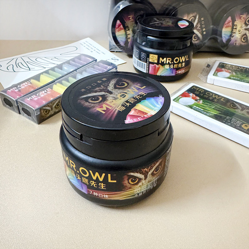 猫头鹰先生彩虹无糖口香糖进口木糖醇50g瓶装韩国接吻糖强薄荷凉
