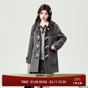 花铃太太jk制服日系学院风牛角扣长款大衣秋冬夹棉新款灰色女外套